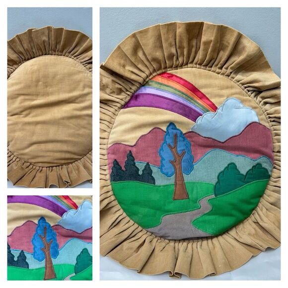Vintage Corduroy Colorful Landscape Accent Pillow with Ruffled Edge - Picture 1 of 5